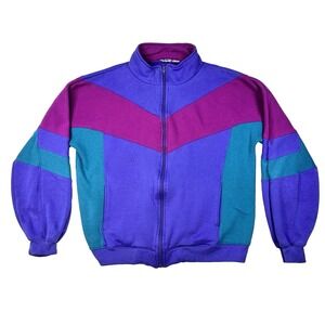 Vintage 80s Track and Court Colorblock Jacket Medium Purple Teal Magenta Zip